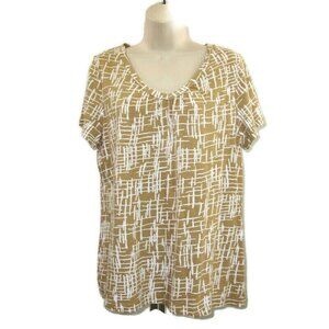 T-Shirt Top Size Large Brown White Geometric Print Short Sleeve V-Neck by George